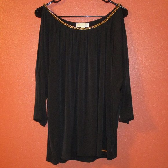 MICHAEL Michael Kors Tops - MICHAEL Michael Kors 3XL  Black Gold Tone 3/4 Sleeve Open Shoulder Blouse